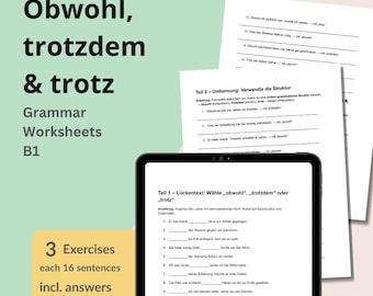 German Conjunctions Worksheet – Obwohl, Trotzdem, Trotz – DAF/DAZ B1 Grammar PDF –Learn German Sentence Structure – Exam Prep & Homeschool