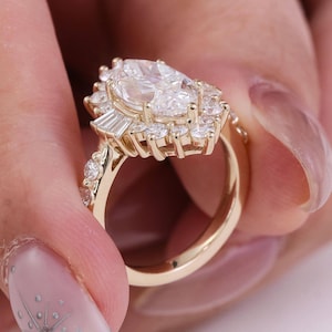 1ct-3ct Oval Cut Petite Twist Vine Moissanite Engagement Ring 14k Yellow Gold Art Nouveau inspired with pave diamond accents ideal for women