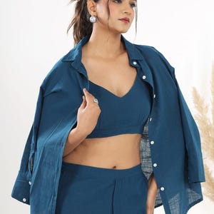 Blue Cotton Slub Co-Ord Set for Women – Summer 3 Piece Outfit | Casual Loungewear Set | Handwoven Cotton Coord Set| Boho Chic Matching Set