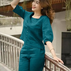 Conjunto de algodón flexible para mujer / Top kurti de color liso y pantalón palazzo con bolsillos / Conjunto de salón indio de verano / Tallas 38 a 44