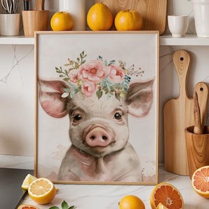 Boho Baby Piglet Wall Art – Floral Crown Farm Animal Print, Nursery & Farmhouse Decor