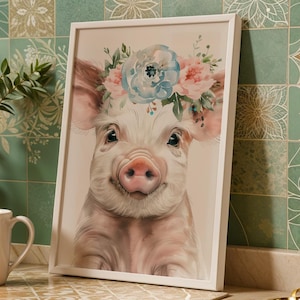 Boho Baby Piglet Wall Art – Watercolor Floral Crown Farm Animal Print for Nursery & Home Decor