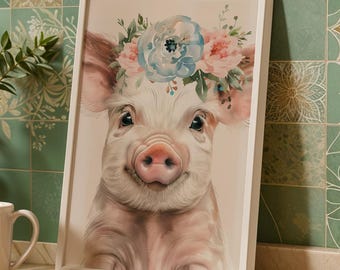 Arte imprimible para pared de guardería de cerditos: descarga digital de animales de granja bohemios, estampado floral de cerditos para decoración rústica o cottagecore.