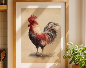 Vintage Rooster Illustration Print | Rustic Farmhouse Kitchen Wall Art | Digital Download