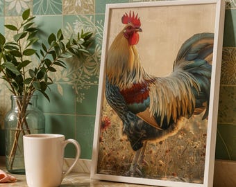 Rustic Rooster Wall Art Printable | Farmhouse Country Kitchen Decor | Vintage Barnyard Animal Illustration