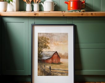Rustic Red Barn Wall Art – Farmhouse Landscape Printable, Country Home Digital Download, Vintage Rural Barn Painting