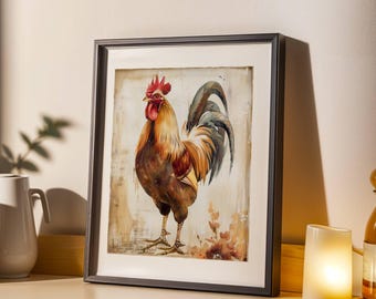 Rustic Rooster Wall Art Printable – Farmhouse Kitchen Decor, Vintage Country Chicken Print, Farm Animal Digital Download Artwork