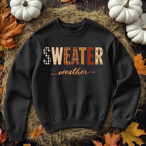 May include: Black sweatshirt with the words "SWEATER weather" in a mix of plaid and patterned letters. The design is in fall colors, with pumpkins and autumn leaves in the background.