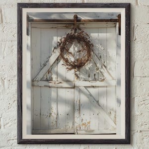 Rustic White Barn Door with Grapevine Wreath – Farmhouse Wall Art, Weathered Country Door Print, Vintage Rustic Home Decor