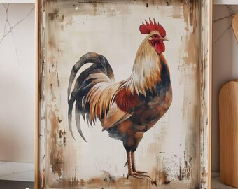 Rustic Rooster Wall Art Printable – Farmhouse Kitchen Decor, Vintage Country Chicken Print, Farm Animal Digital Download