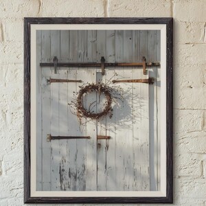 Porte de grange blanche rustique avec couronne de vigne - Reproduction murale de ferme