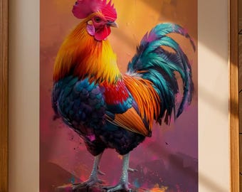 Colorful Rooster Wall Art Printable | Vibrant Farmhouse Kitchen Decor | Rustic Animal Digital Download