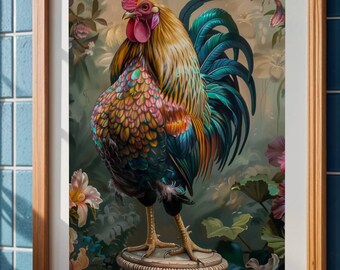 Exotic Rooster Wall Art Printable | Colorful Farmhouse Digital Download | Vibrant Floral Rooster Print | Rustic Kitchen Decor