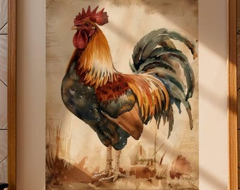 Vintage Rooster Wall Art Printable – Rustic Farmhouse Kitchen Decor, Country Chicken Digital Print, Farm Animal Instant Download