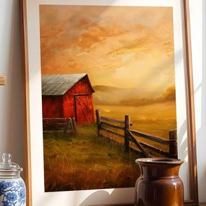 Rustic Red Barn Wall Art – Farmhouse Sunrise Printable, Country Landscape Digital Download, Vintage Rural Barn Painting