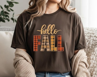 Hello Fall PNG, Plaid Patchwork Fall Sublimation, Rustic Autumn Quote, Farmhouse T-Shirt Design, Cozy Season PNG