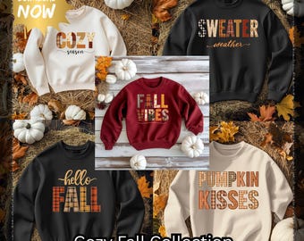 Paquete PNG de otoño acogedor / Diseños de sudaderas con patchwork otoñal / PNG de sublimación otoñal / Besos de calabaza, Clima de suéteres, Hola otoño