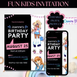 Anime Birthday Invitation | Editable Canva Template | Digital Kids Party Invite | Kawaii Girl Birthday Card | Printable Download
