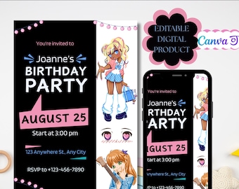 Anime Birthday Invitation | Editable Canva Template | Digital Kids Party Invite | Kawaii Girl Birthday Card | Printable Download