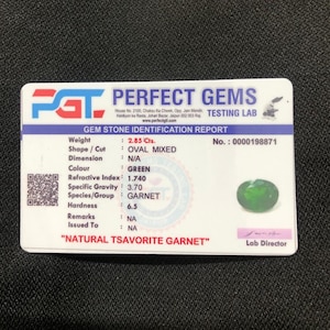 Könnte beinhalten: Ein Edelstein-Identifizierungsbericht von Perfect Gems. Der Bericht enthält Details zu Gewicht, Form, Farbe und anderen Merkmalen eines grünen, oval geschliffenen Granats. Der Bericht enthält auch einen QR-Code und eine Probe des Edelsteins.