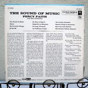 May include: A vintage vinyl record album cover for "The Sound of Music" by Percy Faith and His Orchestra. The album features song titles like "Maria" and "My Favorite Things" and the Columbia Records logo.