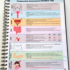 May include: A spiral-bound notebook with a detailed postpartum assessment chart. The chart includes sections on breast, uterus, bladder, bowel, lochia, incision site, extremities, and emotional status, with associated assessments and interventions.