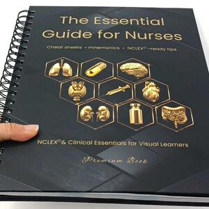 May include: A black spiral-bound book titled "The Essential Guide for Nurses." The cover features gold-colored illustrations of anatomical elements and the text "NCLEX & Clinical Essentials for Visual Learners." The book is held by a hand.