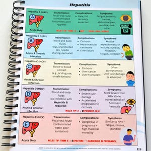 May include: A spiral-bound notebook page detailing different types of hepatitis. The page includes diagrams of the liver, transmission methods, complications, and symptoms for Hepatitis A, B, C, D, and E. The title "Hepatitis" is at the top.