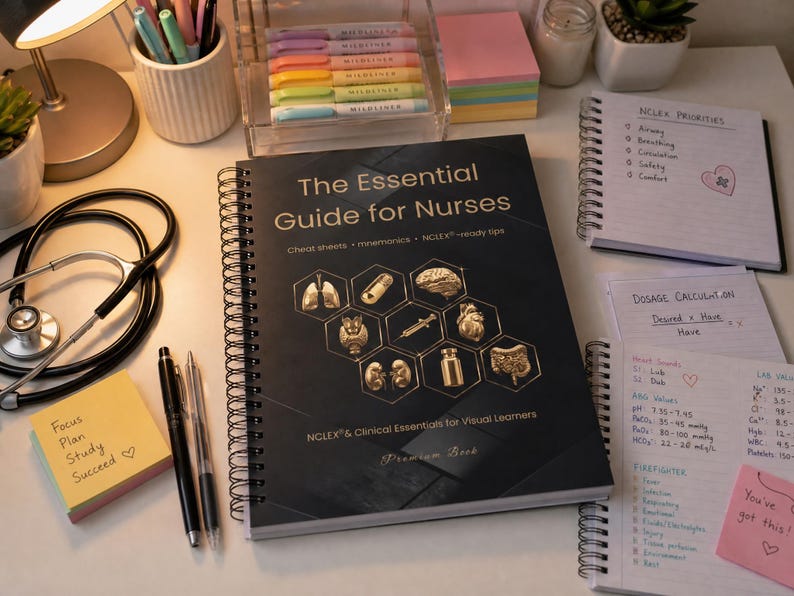May include: A spiral-bound book titled "The Essential Guide for Nurses" with gold accents and medical illustrations. A stethoscope, pens, and notepads are arranged around the book, along with highlighters and a desk lamp.