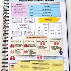 May include: A spiral-bound notebook open to a page detailing Arterial Blood Gas (ABG) analysis. The page includes definitions, normal values, and a stepwise interpretation guide for acidosis and alkalosis, with diagrams and text.