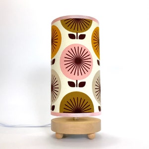 Happy Sunburst Table Lamp in Pink! Mid century style barkcloth fabric lamp