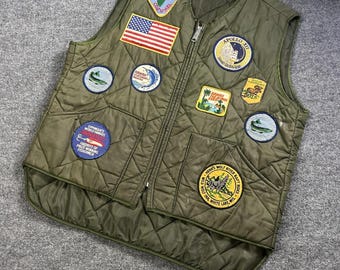 Vintage Big Smith Vest Mens XL Green Quilted Patches Fishing Outdoor USA Flag