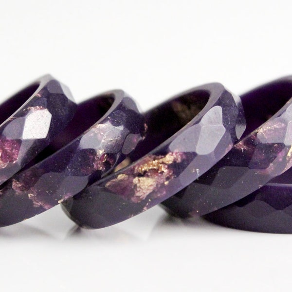 deep purple with gold leaf size 7.5 thin multifaceted eco resin ring