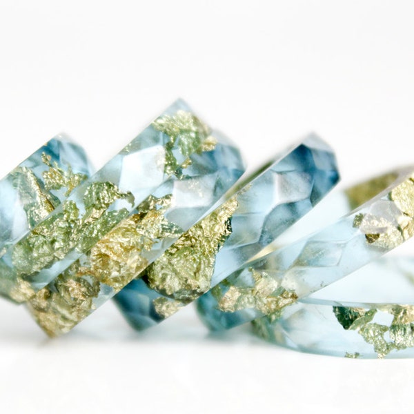 ocean blue metallic gold leaf size 9.5  geo faceted eco resin ring