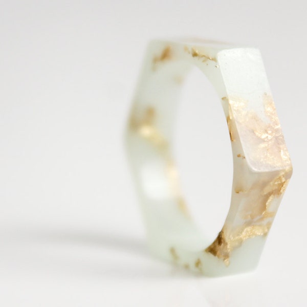 mint gold ring size 7.5 thin hexagon eco resin ring with gold leaf flakes