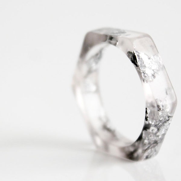 silver flake ring - clear size 9 eco resin hex ring