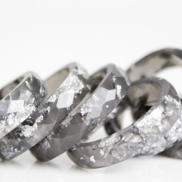 sparkly ring - graphite size 7.5 multifaceted eco resin stacking ring with metallic silver flakes