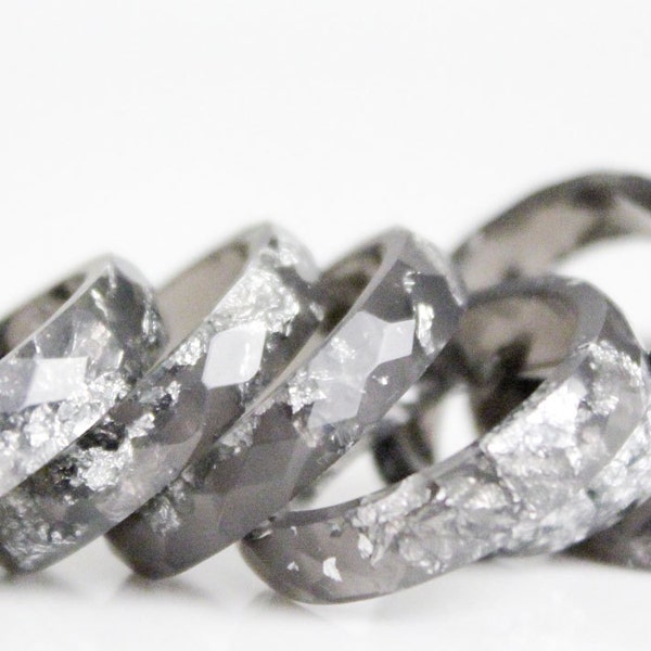 bague brillant - graphite taille 7.5 eco aux multiples facettes résine anneau d'empilement avec paillettes argent métalliques