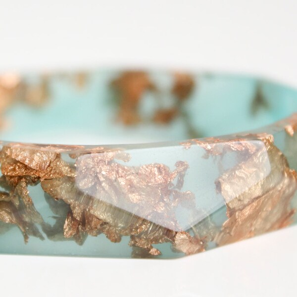 facet bangle, seaglass copper bracelet, eco resin bracelet bangle with copper leaf