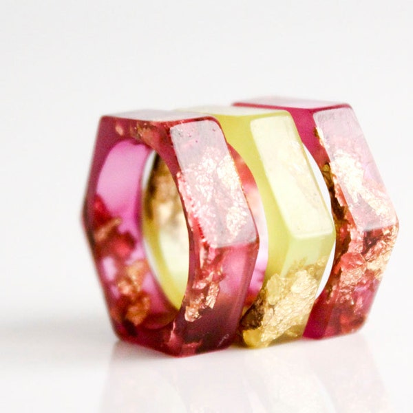 magenta size 6 thin hexagonal eco resin ring with gold leaf flakes