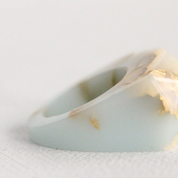 Sky blue eco resin faceted ring with gold leaf