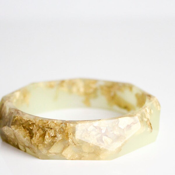 resin bangle, superpale lemon yellow eco resin faceted bracelet bangle with gold leaf