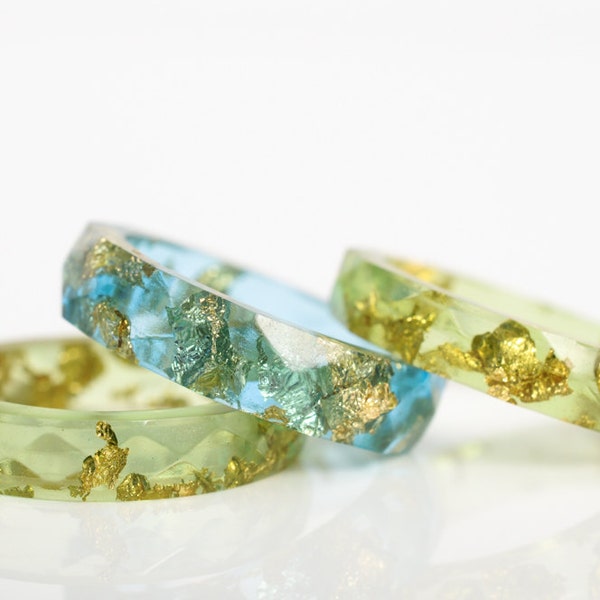 lime green resin ring | size 6.5 thin multifaceted eco resin ring | lime green resin with gold leaf flakes