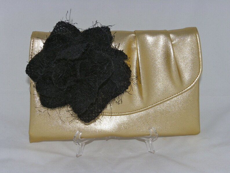 Vintage Gold Clutch Embellished with Black Flower Etsy