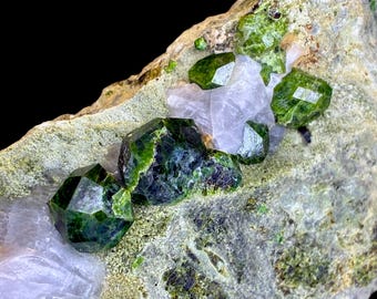 Natural Rare Green Demantoid Garnet Crystal Specimen on Matrix, Mineral Andradite Var, Garnet Cluster, Raw Gemstone for collectors, gifts