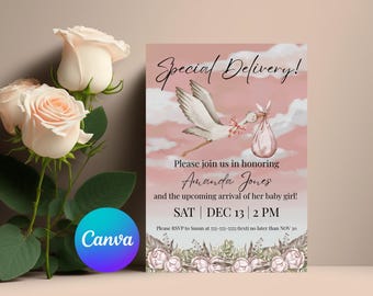 Modèle de toile de baby shower de cigogne pour fille | Faire-part personnalisable | Soirée à thème rose | Téléchargement instantané