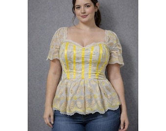 Vintage 90s/Y2K Yellow Handmade Eyelet Fitted Bodice Peplum Zip Back Puff Sleeve