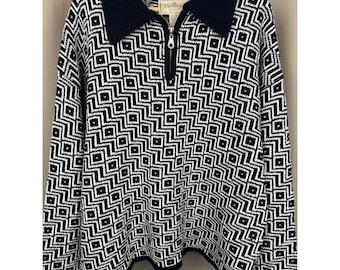 Vintage 90s Express Tricot Black White Geometric Knit Sweater Quarter Zip L
