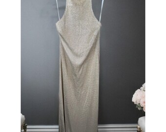 Vintage Y2K Scott McClintock Gold Metallic Halter Prom Gown Formal Maxi Dress 14