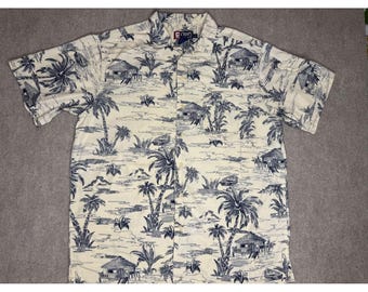 Chaps Ralph Lauren Vintage L Beige/Blue Aloha Tropical Island Camp Shirt